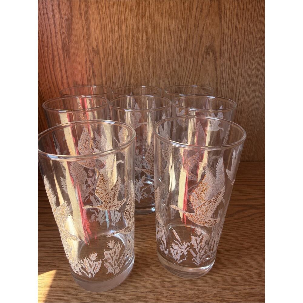 Bartlett Collins Pokee’ 8 Glass Set 22KT Goose Deer/Thistle Pattern‎